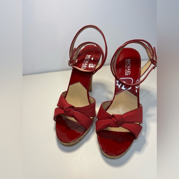 Michael Kors Tied Up Ankle Open Toe Red Fabric & Cork Summer Heels - Picture 3 of 9